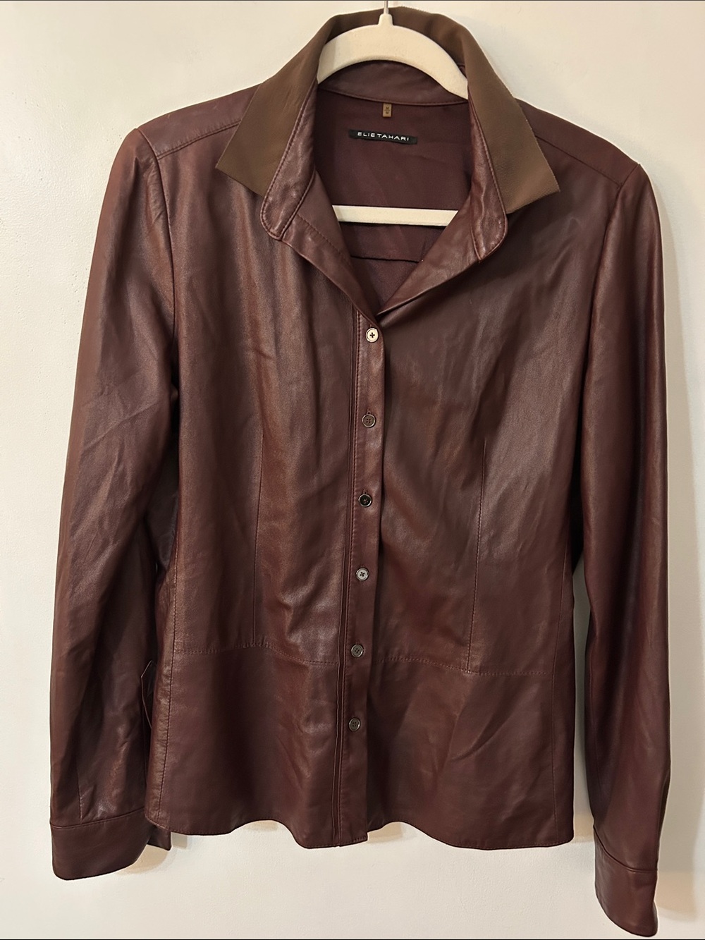 Elie Tahari Leather Button-Down Shirt W/Contrast Collar Medium Burgundy Tailored